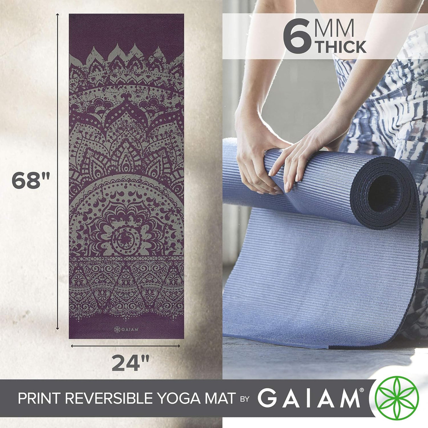 מזרן יוגה פרימיום 6 מ"מ דו צדדי REVERSIBLE PLUM ETCHING